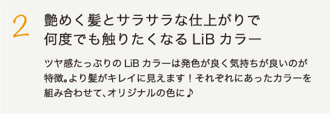 2.艶めく髪とサラサラな仕上がりで
何度でも触りたくなるLiBカラー